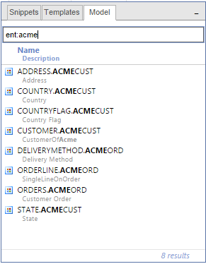 Model tab showing results for ent:ACME