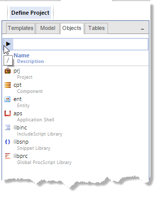 Select object type in Objects tab of Project Editor