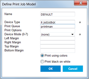 Define Print Job Model dialog